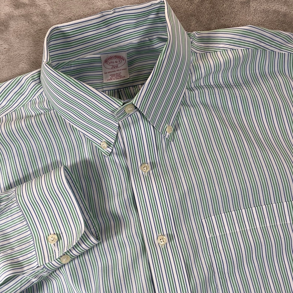 Brooks Brothers 346 Men's 17.5 6/7 Cotton Blue Green Striped Button Front Shirt